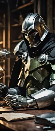 Dr. Doom, male, muscular, iconic helmet, silver armor, black cape, sorrowful expression, tears streaming down face, clenched fists, dimly lit laboratory, broken machinery, shattered test tubes, scatte