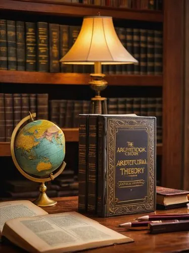 Ancient, worn, leather-bound book, "The Sage Handbook of Architectural Theory" embossed in golden font, resting on a wooden desk, surrounded by scattered papers, pencils, and architectural models, dim