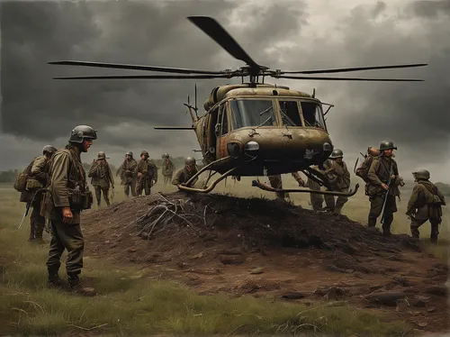 Chopper using his medical skills to heal wounded allies in a gloomy battlefield,marine expeditionary unit,us army,army men,special forces,blackhawk,federal army,mh-60s,uh-60 black hawk,armed forces,un