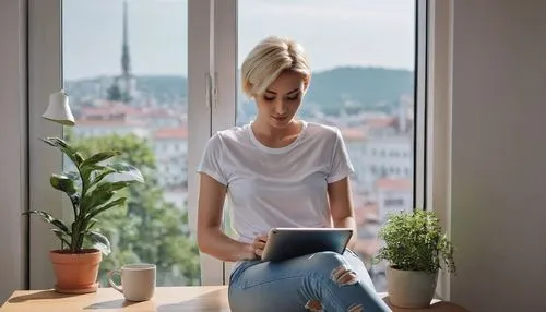 Modern minimalist interior, online shopping website, female character, 25yo, short blonde hair, casual wear, white t-shirt, ripped jeans, sneakers, holding tablet, browsing products, modern desk, ergo