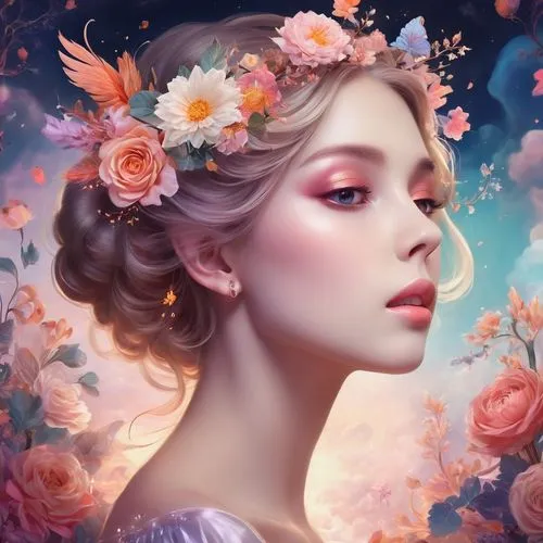 fantasy portrait,girl in flowers,persephone,mystical portrait of a girl,flower fairy,heatherley,Illustration,Realistic Fantasy,Realistic Fantasy 37