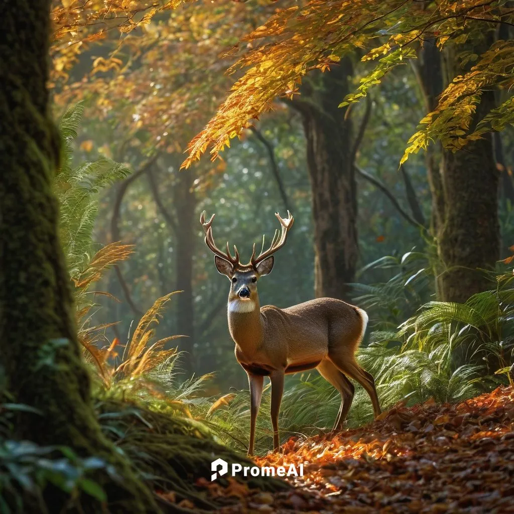 a deer peeking out from among vegetation and trees in an autumn forest,european deer,male deer,autumn forest,pere davids male deer,veluwe,forest animal,germany forest,white-tailed deer,autumn light,re