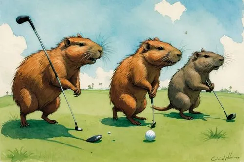 golfers,caddies,driving range,golfing,fourballs,chipping squirrel,Illustration,Paper based,Paper Based 17