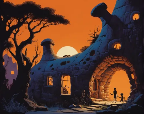 Write a spooky story set in the mysterious Flintstone House.,witch's house,house silhouette,witch house,stone houses,houses silhouette,ghost castle,the haunted house,tuff stone dwellings,haunted castl