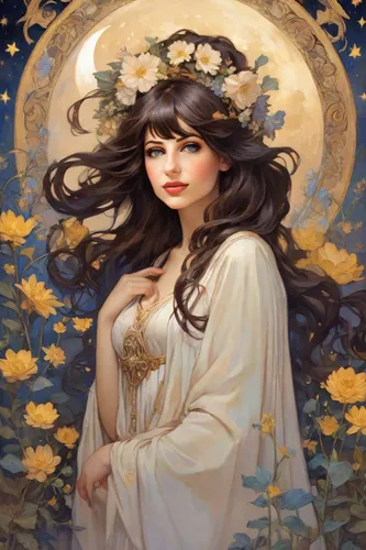 mucha,zodiac sign libra,fantasy portrait,mystical portrait of a girl,golden wreath,priestess,mary-gold,baroque angel,art nouveau,fantasy art,fantasy woman,zodiac sign gemini,the zodiac sign pisces,sorceress,artemisia,moonflower,girl in a wreath,virgo,fairy queen,golden flowers