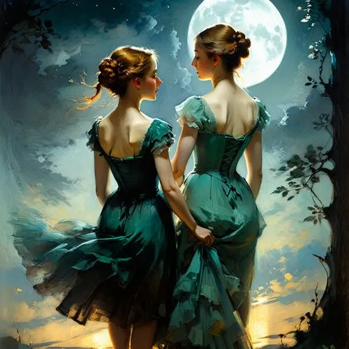 rhinemaidens,vintage fairies,moonlit night,nightgowns,two girls,maidens,Conceptual Art,Fantasy,Fantasy 17