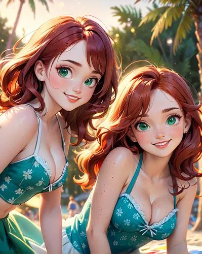 lilo,redheads,mermaid vectors,mermaids,beach goers,summer background,summer icons,luau,aloha,moana,hula,cg artwork,coconuts on the beach,sirens,tankini,beach background,ariel,nami,two girls,mermaid background,Anime,Anime,Cartoon