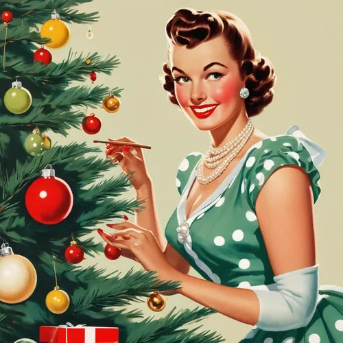 Side view, Retro housewife from 1950s, close-up intensity, the moment of she is decorating fancy christmas tree, christmascore, nurturing smile, pearl necklace, polka dot, isolated on a white backgrou