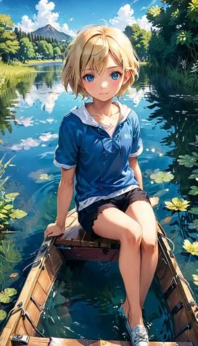darjeeling,perched on a log,saber,summer day,the blonde in the river,lily pond,summer background,waterlily,water lily,fishing float,lily water,darjeeling tea,lilly pond,water-the sword lily,meteora,fishing,girl sitting,girl on the river,girl on the boat,canoe,Anime,Anime,Traditional