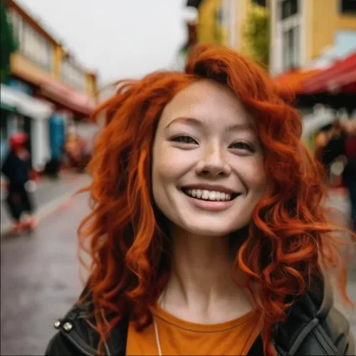 a young woman with red hair smiling for the camera,redhair,maci,orange,irisa,romanija,cocola