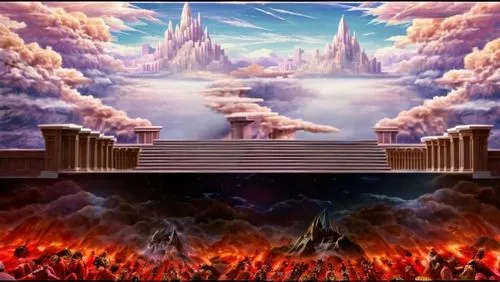 heaven gate,stage design,stairway to heaven,heavenly ladder,xanadu,hall of the fallen,castlevania,eckankar,immenhausen,pillar of fire,platforming,the eternal flame,cartoon video game background,cloudm