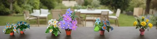 five plastic flower pots on a table in front of a house,pikmin,blurred background,bokeh effect,flowers png,blurrier,rocket flowers,Small Objects,Outdoor,Garden