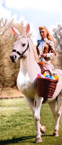 Easter bunny, holding basket, standing beside horse, white horse, brown horse, galloping, running, rural background, warm sunlight, soft focus, 3/4 composition, shallow depth of field, bright colors, 