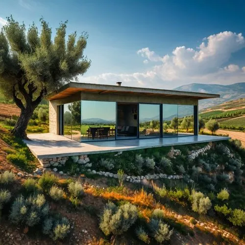 a modern flat roof cottage, with mirror glass wall, in rural albania overlooking a field with olive trees,olive grove,olive tree,peloponnese,dunes house,holiday villa,holiday home,home landscape,house