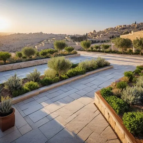 A Jerusalem courtyard overlooking the Jerusalem mountains at sunrise

,a beautiful and scenic landscape that includes an outdoor area,landscape design sydney,landscape designers sydney,genesis land in