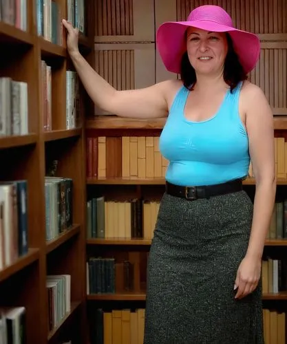 librarian,fedora,the hat-female,doctoral hat,pink hat,the hat of the woman,bookshelves,plus-size model,woman's hat,retro women,plus-size,pregnant book,staff video,leather hat,library book,womans hat,m