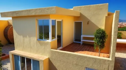 roof garden, muros de piedra y pintura general en colores crema,Propuesta de ampliación,stucco frame,gold stucco frame,casitas,exterior decoration,cubic house,stucco wall,Photography,General,Realistic