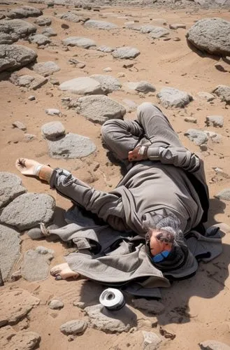 dusty dry planet, a body wearing black dusty poncho,archaeological dig,beached,geologist,massage stones,nasca plateau,balanced boulder,balanced pebbles,mobile sundial,stream bed,head stuck in the sand