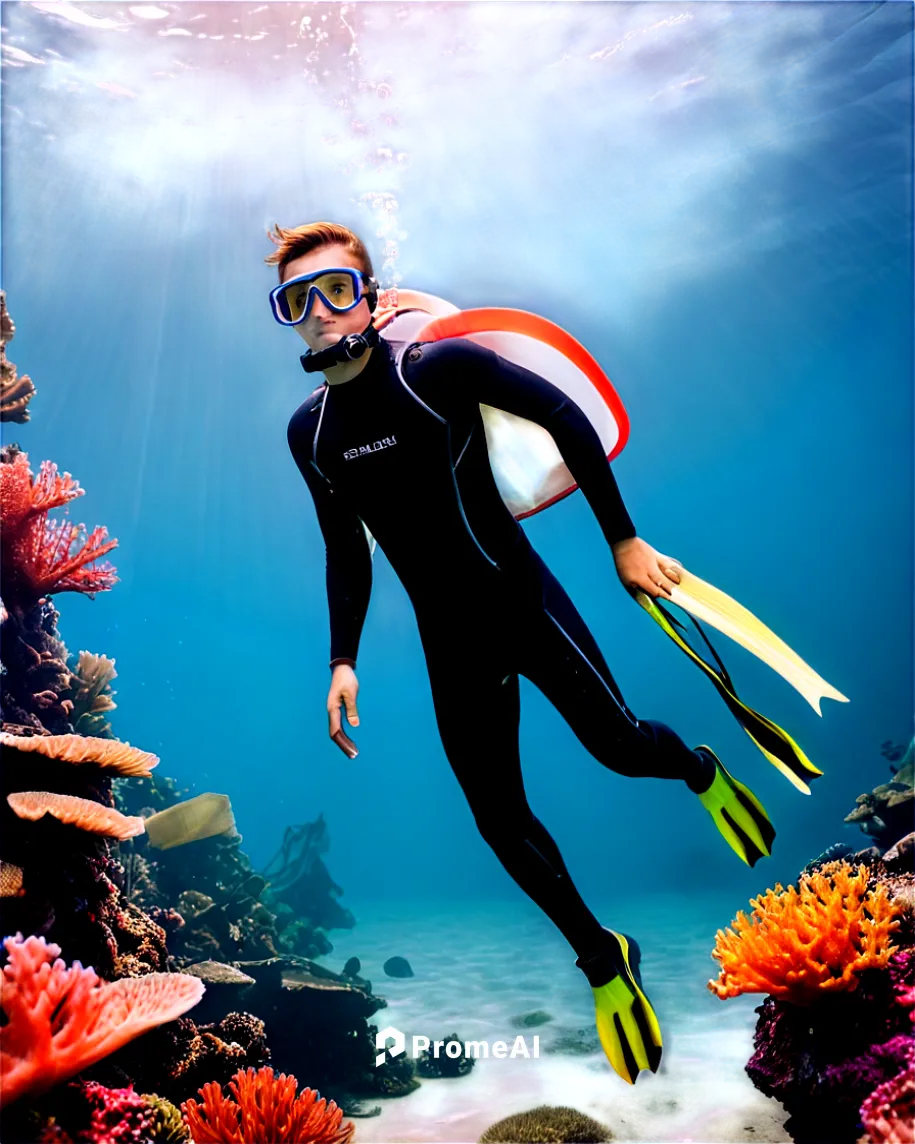 Snorkeler, underwater, young adult, athletic build, short hair, diving mask, snorkel tube, colorful swimfins, wetsuit, ocean surroundings, coral reef, seaweed, sunken ship, morning light, soft focus, 