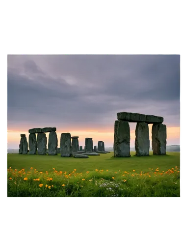 Summer solstice, sunset scenery, warm orange light, long shadows, stonehenge-like ancient ruins, misty atmosphere, lush green grass, blooming wildflowers, dramatic cloudy sky, panoramic view, cinemati