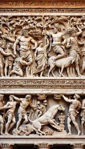 Ancient Greek-inspired relief, ornate carvings, intricate details, marble material, smooth texture, columnar structure, grandiose scale, historic ambiance, warm sunny lighting, high contrast, dramatic