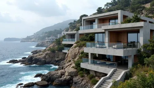 Rugged coastal cliffs, crashing ocean waves, salty sea air, modernist Bauhaus architecture, rectangular prismatic forms, clean lines, minimal ornamentation, functional simplicity, industrial materials