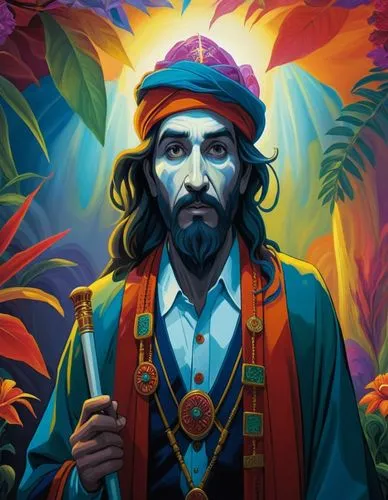 a painting of a man with long hair and blue eyes, in a bright suit,rastafari,rastafarianism,sandokan,rasta,rastaman,rastafarian,Illustration,Realistic Fantasy,Realistic Fantasy 25