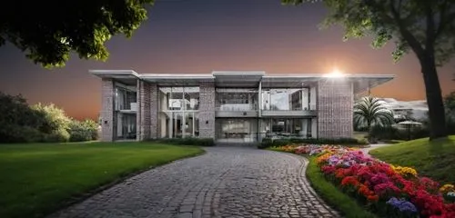 道路为草地和弯曲的鹅卵石小路 草地上有彩色的花朵,modern house,luxury home,beautiful home,3d rendering,holiday villa,behshahr,dreamhouse,luxury property,hovnanian,private house,khorramshahr,residential house,bendemeer estates