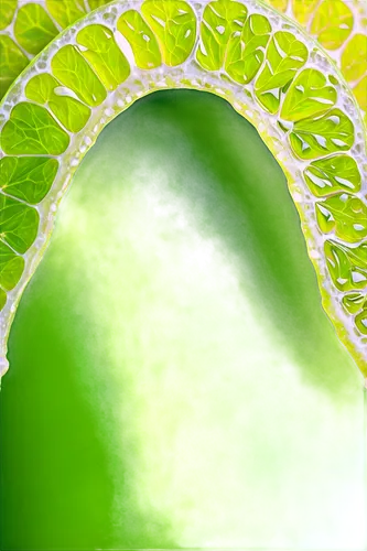 Inside lime, green pulp, juicy vesicles, thin white membrane, bright citrus color, semi-transparent texture, high-key lighting, macro photography, shallow depth of field, vibrant color tone, 3/4 compo