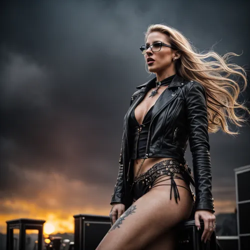 She is very elegant but she is 
also very bold  and Wonderful sunset, cinematographic style.
a British woman, long hair, beautiful, slim body, exotic,
 glasses, full body,  confident, wide angle ,She 