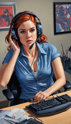 girl at the computer,call center,call centre,night administrator,receptionist,telephone operator,switchboard operator,dispatcher,office worker,telemarketer,telemarketing,helpdesk,blur office background,women in technology,desktop support,receptionists,sci fiction illustration,wireless headset,massively multiplayer online role-playing game,the community manager,Conceptual Art,Daily,Daily 17