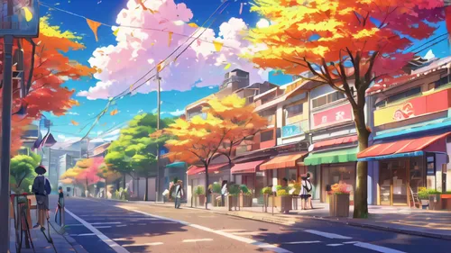 autumn scenery,cloudstreet,colorful city,autumn sky,one autumn afternoon,autumn background,autumn morning,autumn day,sky of autumn,autumn,autumn light,shopping street,autumn sun,autumn in japan,sidestreet,akiba,autumn leaves,autumn season,colors of autumn,autumn sunshine,Illustration,Japanese style,Japanese Style 03