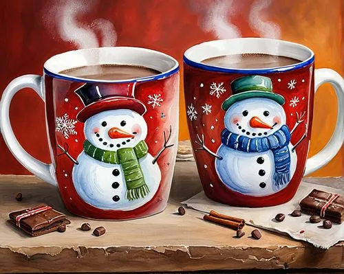 cup of cocoa,coffee mugs,christmas snowy background,watercolor christmas background,winter drink,snowmen,Illustration,Paper based,Paper Based 24