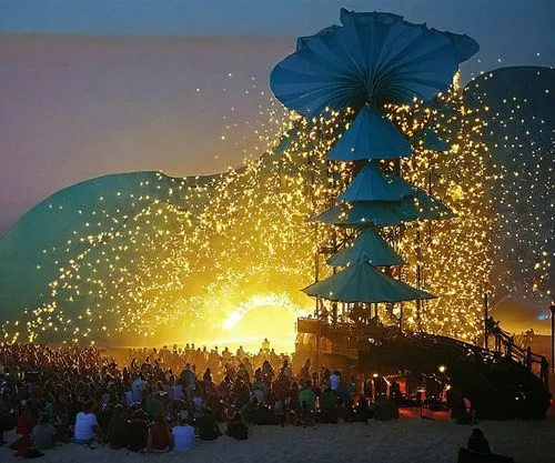 an event is set up on a beach,vesak,burning man,perahera,ramayana festival,giant buddha of tian tan,ozora,Illustration,Realistic Fantasy,Realistic Fantasy 16