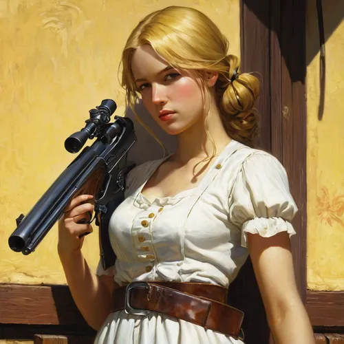 girl with gun,girl with a gun,woman holding gun,holding a gun,rifle,kalashnikov,gun,femme fatale,retro girl,retro women,countrygirl,colt 1873,gunsmith,retro woman,piper,spy,vintage pistol,vintage girl,blonde woman,pointing gun,Art,Classical Oil Painting,Classical Oil Painting 20