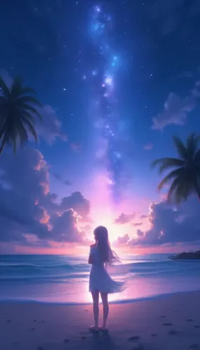 the girl is standing on the beach facing the water at night,dream beach,dusk background,ocean background,beach background,beautiful beach,dreamscape