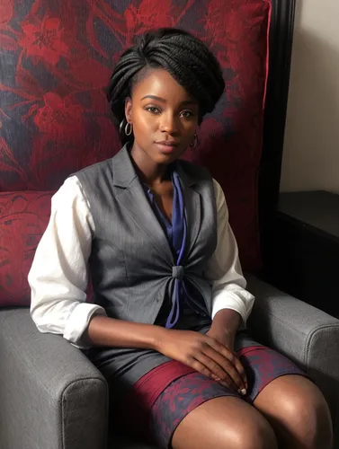 This picture shows a very beautiful young black African woman in a seated portrait. She is wearing a white shirt, a blue tie and a gray vest. The background is in shades of red and appears to contain 