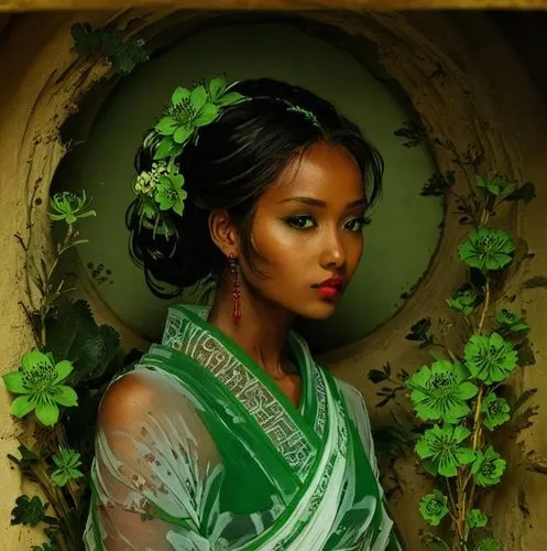 a painting depicting a girl in an image of a green dress,ethiopian girl,eritrean,girl in a wreath,polynesian girl,background ivy,ethiopian,Illustration,American Style,American Style 12