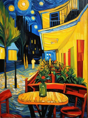 vincent van gough,majorelle blue,beach restaurant,night scene,street cafe,bistrot,woman at cafe,watercolor cafe,the coffee shop,glass painting,post impressionism,vincent van gogh,paris cafe,patio,art painting,outdoor dining,boulevard,gondolier,post impressionist,bistro,Art,Artistic Painting,Artistic Painting 03