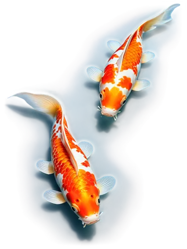 Koi fish, multiple, swimming together, vibrant orange and white scales, flowing fins, aquatic plants, water ripples, shallow depth of field, warm sunlight, 3/4 composition, close-up shot, detailed tex