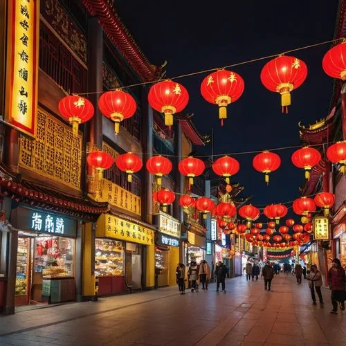 China Town at night has lights from the yellow storefront signs of many shops.,chengdu,chinatown,chinatowns,lanterns,shanghai,binondo,pingyao,dajia,nanjing,fengshui,guangzhou,shuozhou,jinan,mongkok,qi