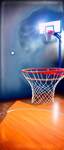 Sports stadium background, vibrant colors, spotlight on court, shiny wooden floor, hoop with net, basketballs scattered around, dynamic shadows, energetic atmosphere, dramatic lighting, low-angle shot