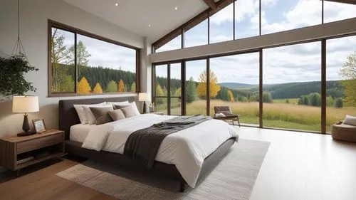 large bed in a bedroom with glass windows overlooking nature,modern room,interior modern design,sleeping room,bedroom window,contemporary decor,headboards