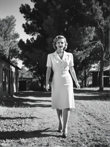 Historical scene in Texas,a woman in white dress walking on a grass field,pleasantville,woman walking,greer garson-hollywood,mitford,suzman,siodmak,Photography,Black and white photography,Black and Wh