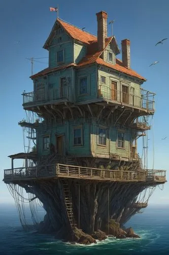 house of the sea,stilt house,houseboat,stiltsville,floating huts,deckhouse,stilt houses,seafort,wooden house,dreamhouse,house by the water,maunsell,seasteading,tree house hotel,sea fantasy,fisherman's house,floating island,waterhouses,island suspended,lifeguard tower,Illustration,Realistic Fantasy,Realistic Fantasy 28