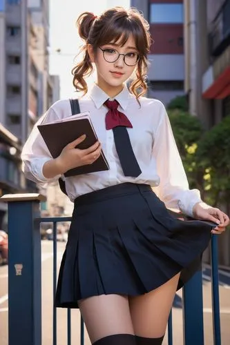 Anime girl, standing, solo, (18yo), beautiful detailed eyes, light blush, curly brown hair, ponytail, fringe, glasses, elegant makeup, white shirt, short skirt, black stockings, red sneakers, holding 