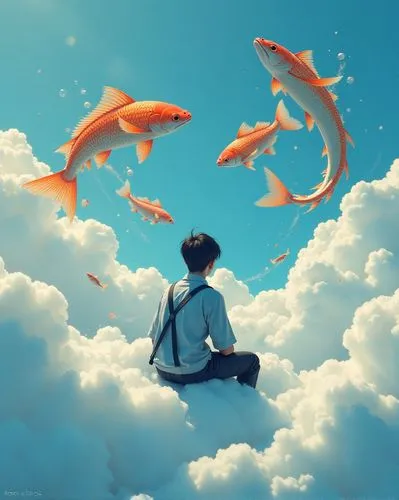 goldfish,a flying dolphin in air,school of fish,fishes,poissons,world digital painting,leap for joy,fantasy picture,leap of faith,floating in the air,flying birds,skydiver,playfish,flying girl,skyers,skygazers,aquatic life,hoenn,dream art,leap