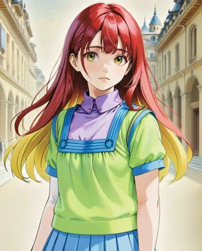 a anime girl with red hair in a green shirt,nozaki,haruno,romani,florentina,mineko,zagaria,Anime,Anime,General