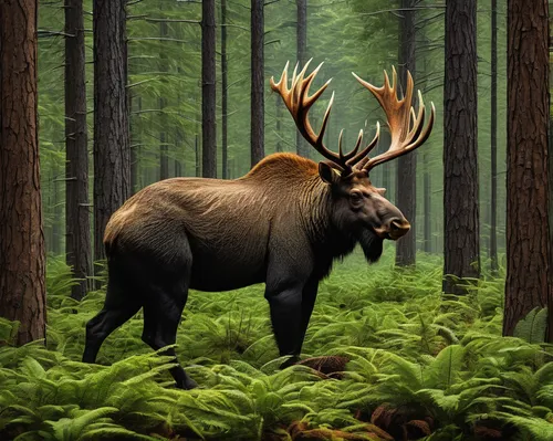 Wild Animals And The Forest Meet In Digitally Merged Photographs,elk bull,bull elk resting,bull moose,elk,moose,forest animal,moose antlers,deer bull,bull elk on lateral moraine,whitetail,manchurian s