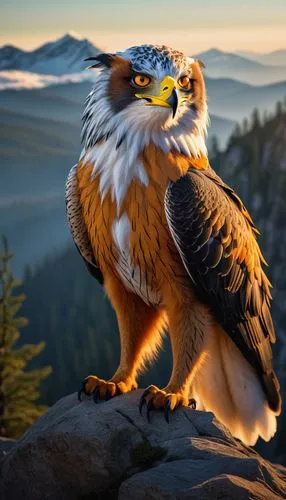 Majestic foxeagle, mythical creature, half-fox half-eagle, white and orange fur, sharp talons, piercing yellow eyes, strong muscular legs, regal posture, standing on a mountain peak, misty atmosphere,